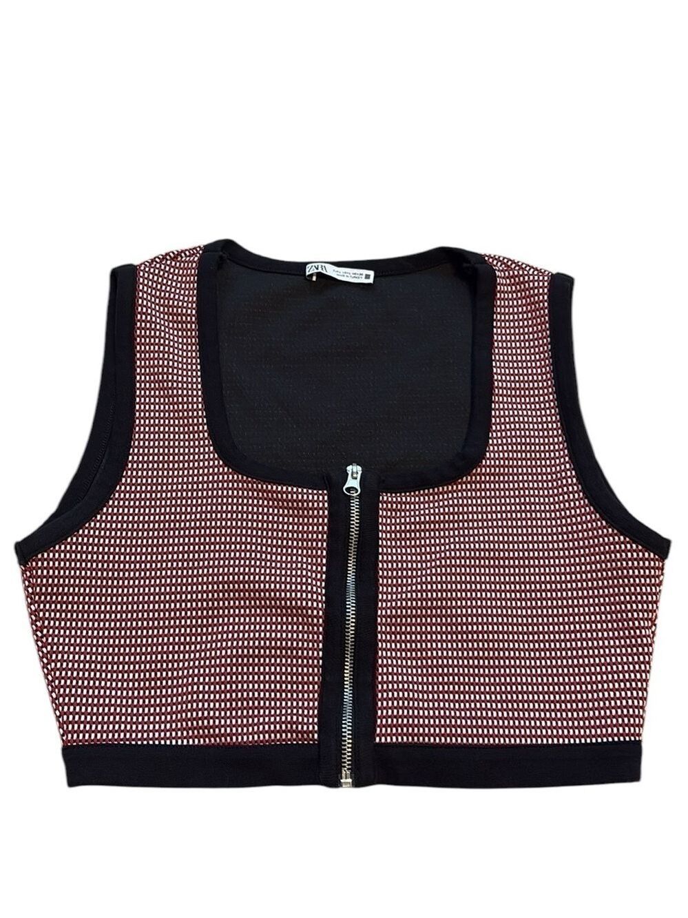 Zara Sleeveless Crop Top Zipper Front Red & Black Size L